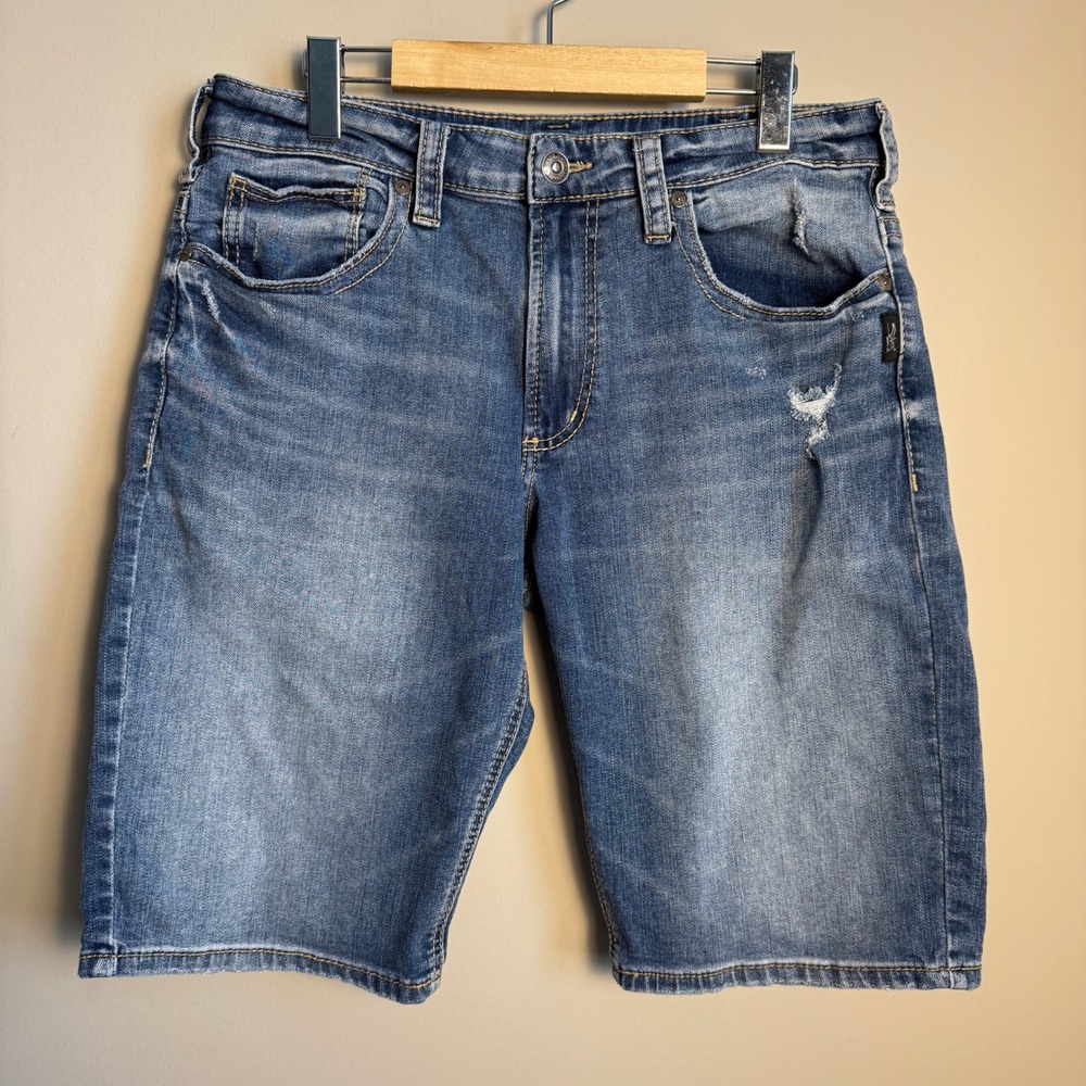 Silver Jeans Gordie Short Mens Distressed Denim Blue Jean Shorts Size 32 Bermuda